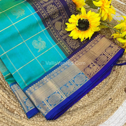 Pure Silk Cotton Saree - Mayil & Chakkaram Design - Blue With Dark Purple - VVMC001