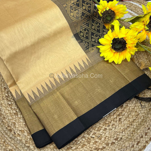 Pure Korvai Silk Cotton Saree - Cream With Black Shade Temple border - VVKSC001