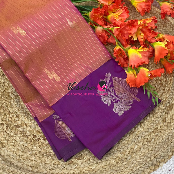Semi Soft Silk - Peachish Pink With Purple Combo -VVSSS039