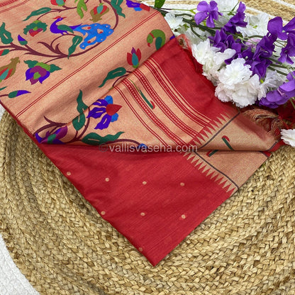 Semi Raw Silk - Paithani Design Weaving - Red Shade - VVRS005