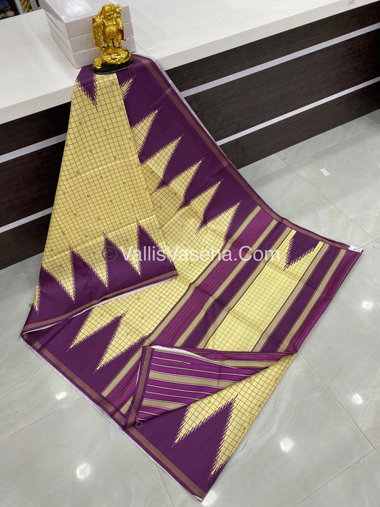 Semi Chanderi Saree - Dark Cream  & Purple Combo - VVSCS003
