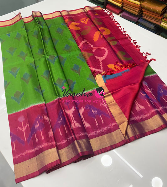 Pure Soft Silk Saree  - Pochampally Weaving - Green & Pinkish Red Combo - VVPSS110