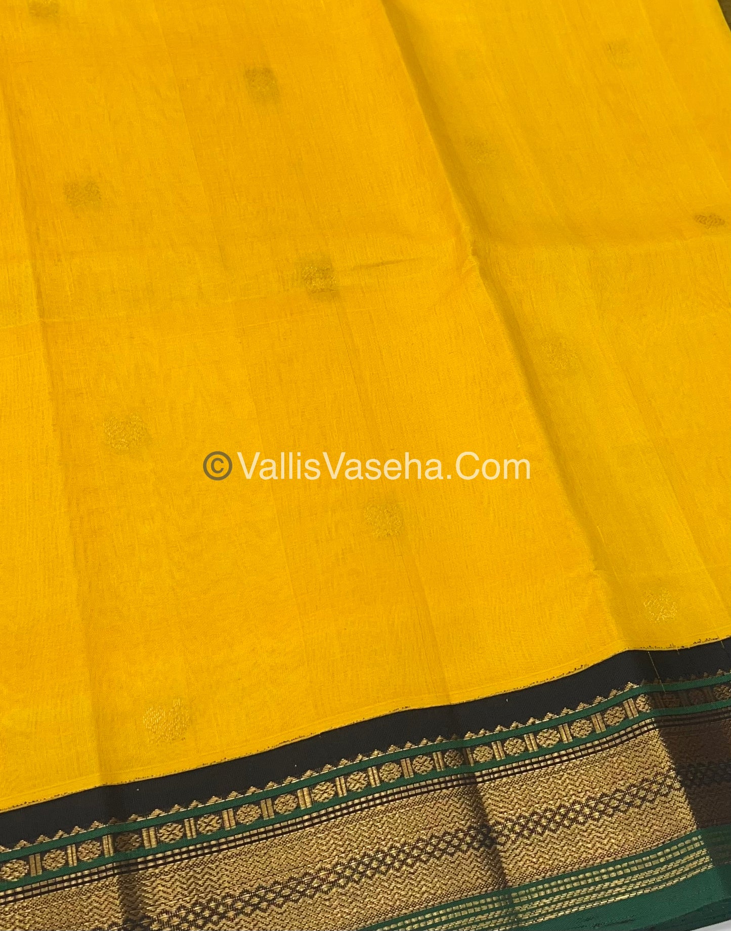 Pure Korvai Silk Cotton Saree - Yellow with Green & Black - VVKSC004