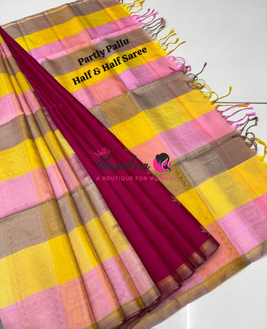 Pure Soft Silk Saree - Partly Pallu -  Half & Half Saree - Pink  - VVPSS088