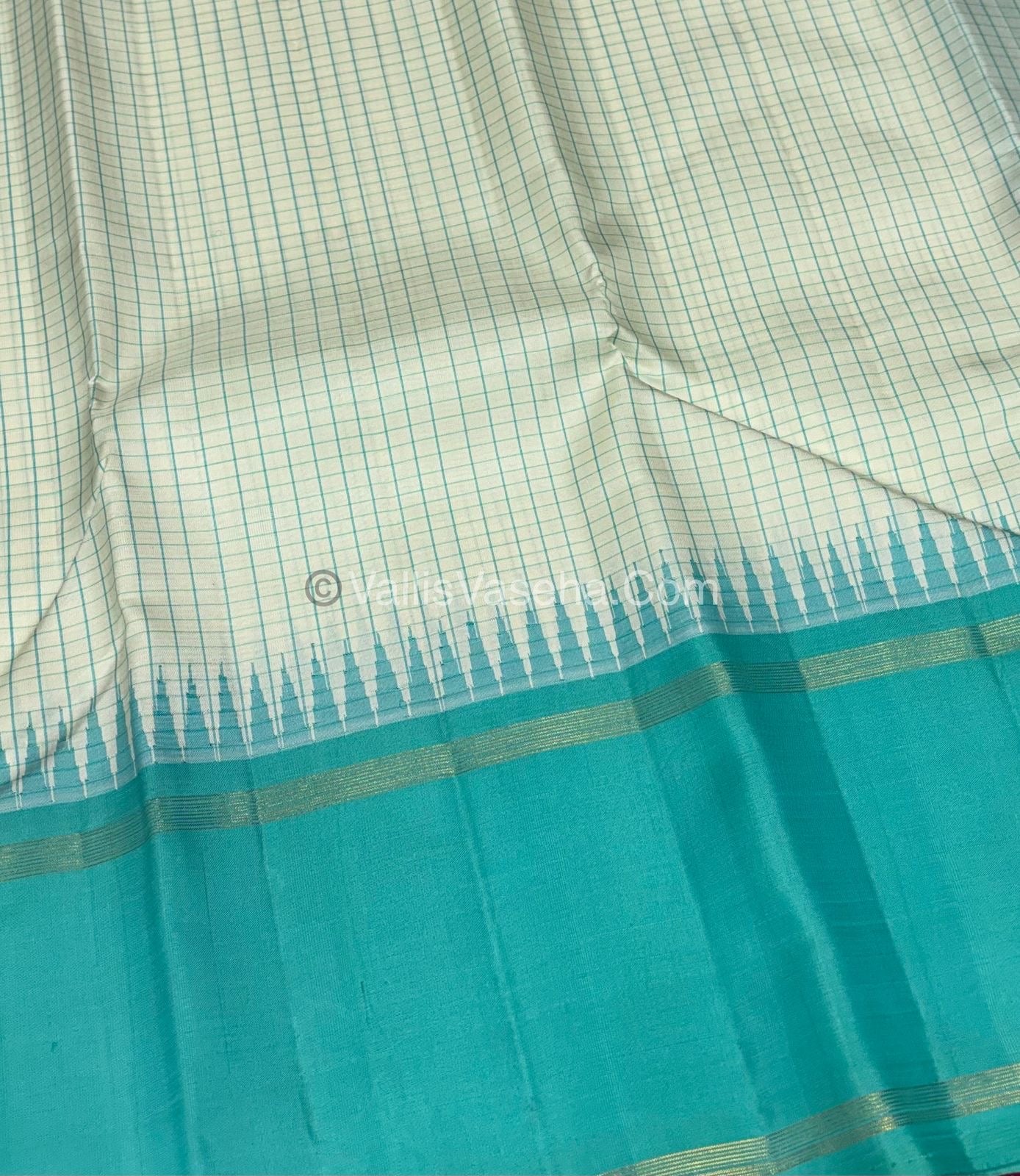 Pure Korvai Kanchipuram Silk Saree - Half White/Cream With Turquoise Blue Combo - VVPS025