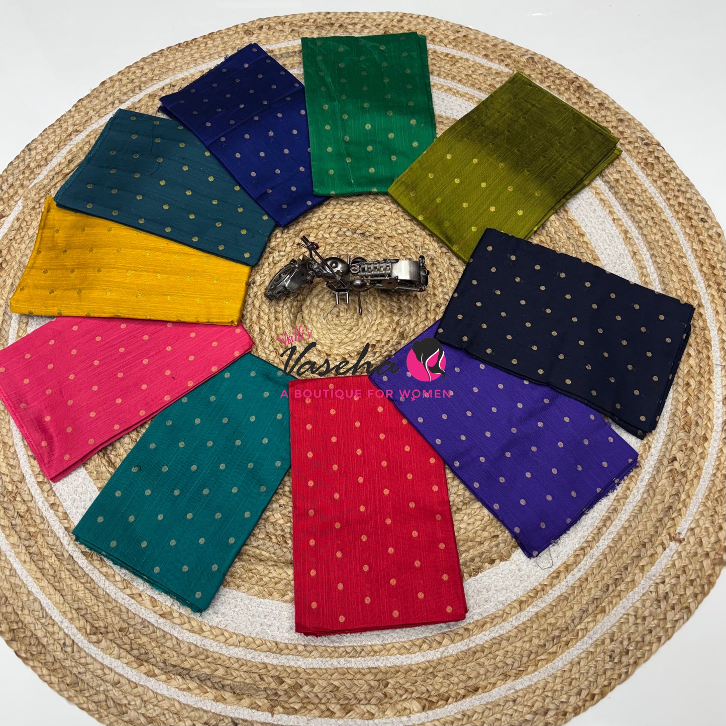 Blouse Bit - Pack Of 10pcs - Assorted-  Semi Raw Silk - Coin Gold Zari Butta - 1 mtr - VVBB002
