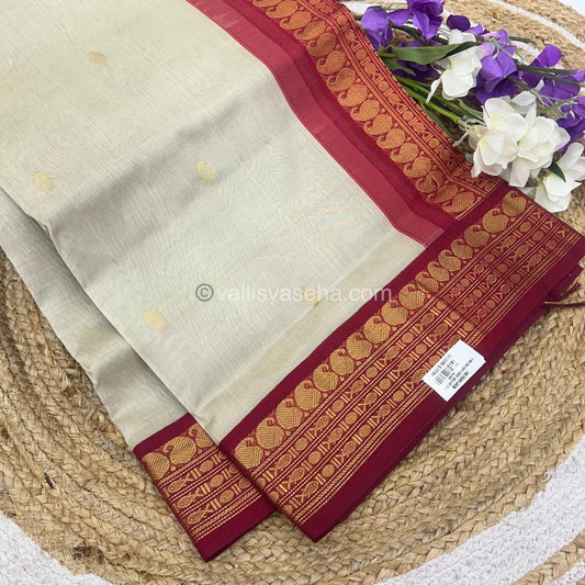 Pure Korvai Silk Cotton Saree - Creamish Ivory with Merunish Red Combo - VVKSC004