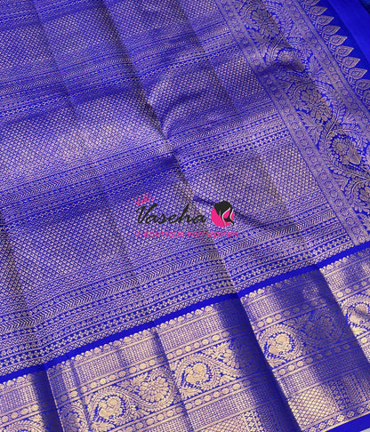 Pure Kanchipuram Silk Saree - Vairavoosi Design  - Peacock Blue & Blue Combo - VVPS059