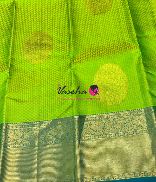 Pure Kanchipuram Bridal Silk Saree - Embossed Design - Green With Turquoise Bluish Green Combo - VVPS023
