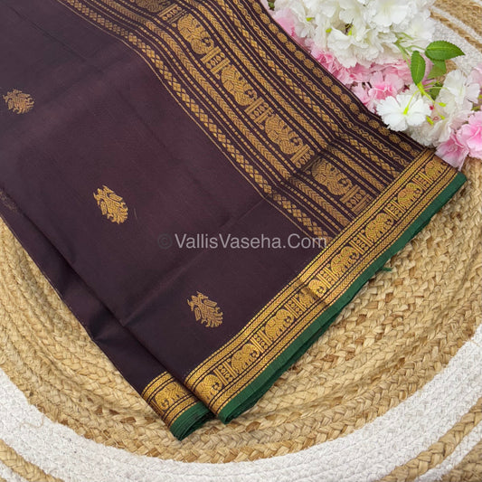 Pure Silk Cotton Saree - Retta Mayil Design -  Brown With Green Shade - VVRMS001