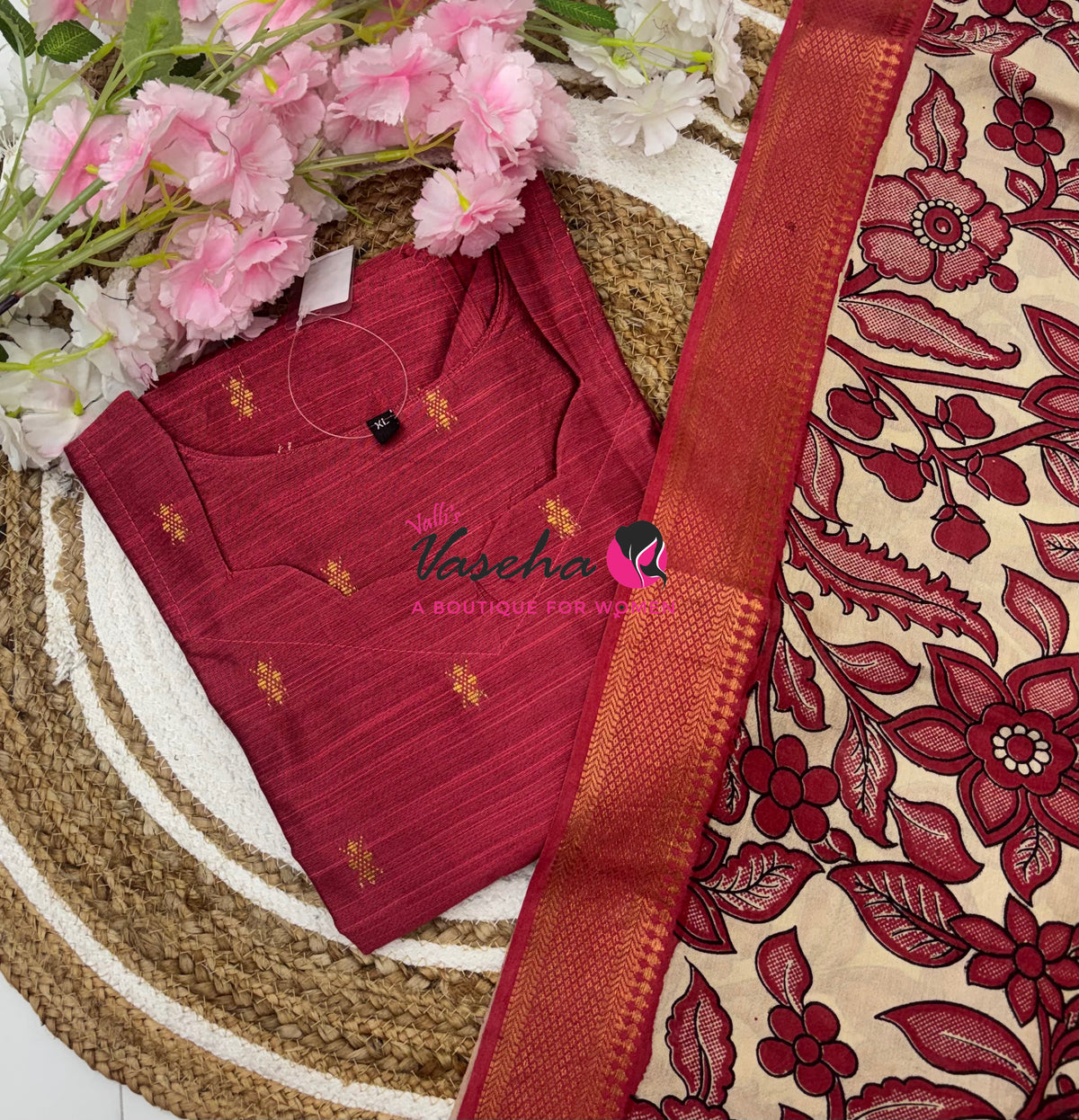 Ready Made - Semi Raw Silk Kurti with Chennur Silk Kalamkari Duppatta - 2pc Set - VVSRK002