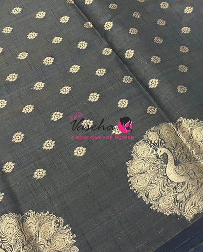 Semi Tussar Silk Saree | Black Shade |VVSTS056