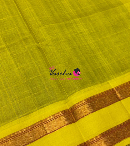 Pure Korvai Silk Cotton With Retta Petta Border - Checks pattern - Green & Lemon Yellow - VVKSC013