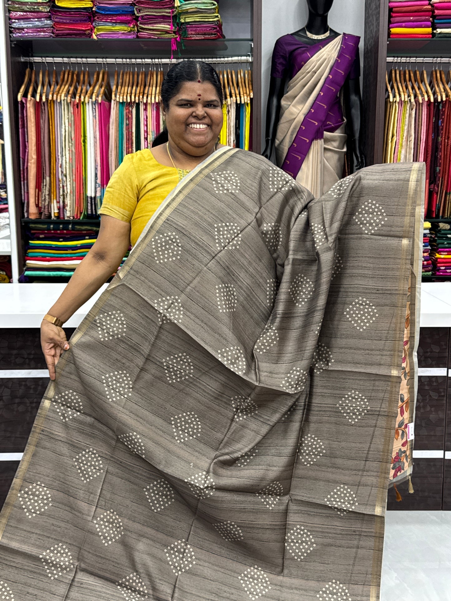 Semi Matka Tussar Silk Saree - Bandhini pattern - Grey Shade - VVSMT001