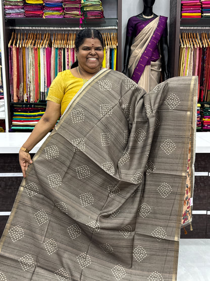 Semi Matka Tussar Silk Saree - Bandhini pattern - Grey Shade - VVSMT001