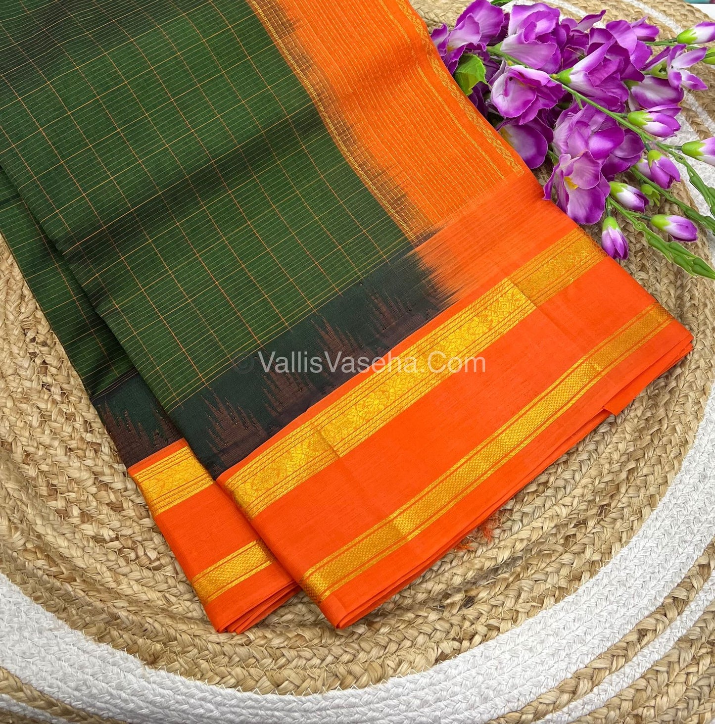 Pure Korvai Silk Cotton - Green with Orange - Checks Pattern - VVKSC022