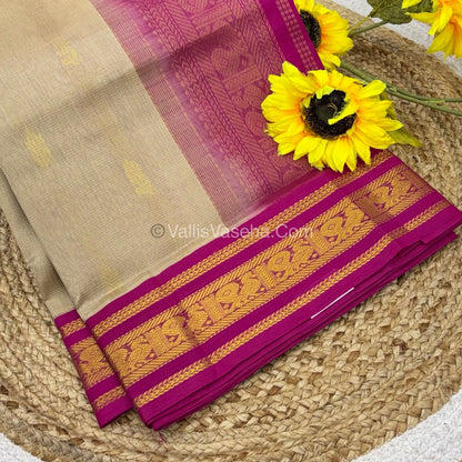 Pure Korvai Silk Cotton - Creamish Golden with Pink  - VVKSC025
