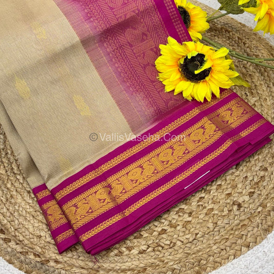 Pure Korvai Silk Cotton - Creamish Golden with Pink  - VVKSC025