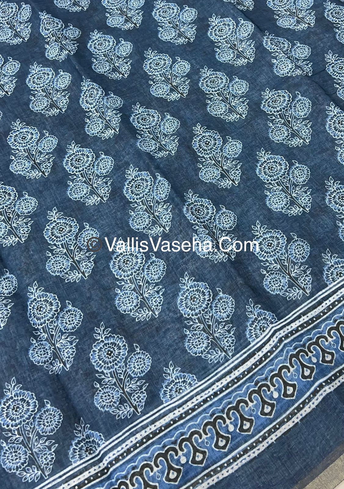 Linen Mixed Cotton Saree - Indigo Blue - Printed - VVLMP001
