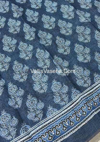 Linen Mixed Cotton Saree - Indigo Blue - Printed - VVLMP001