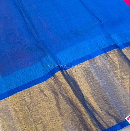 Pure Korvai Silk Cotton Saree - Peachish Pink with Light Blue Combo - Temple border - VVKSC001