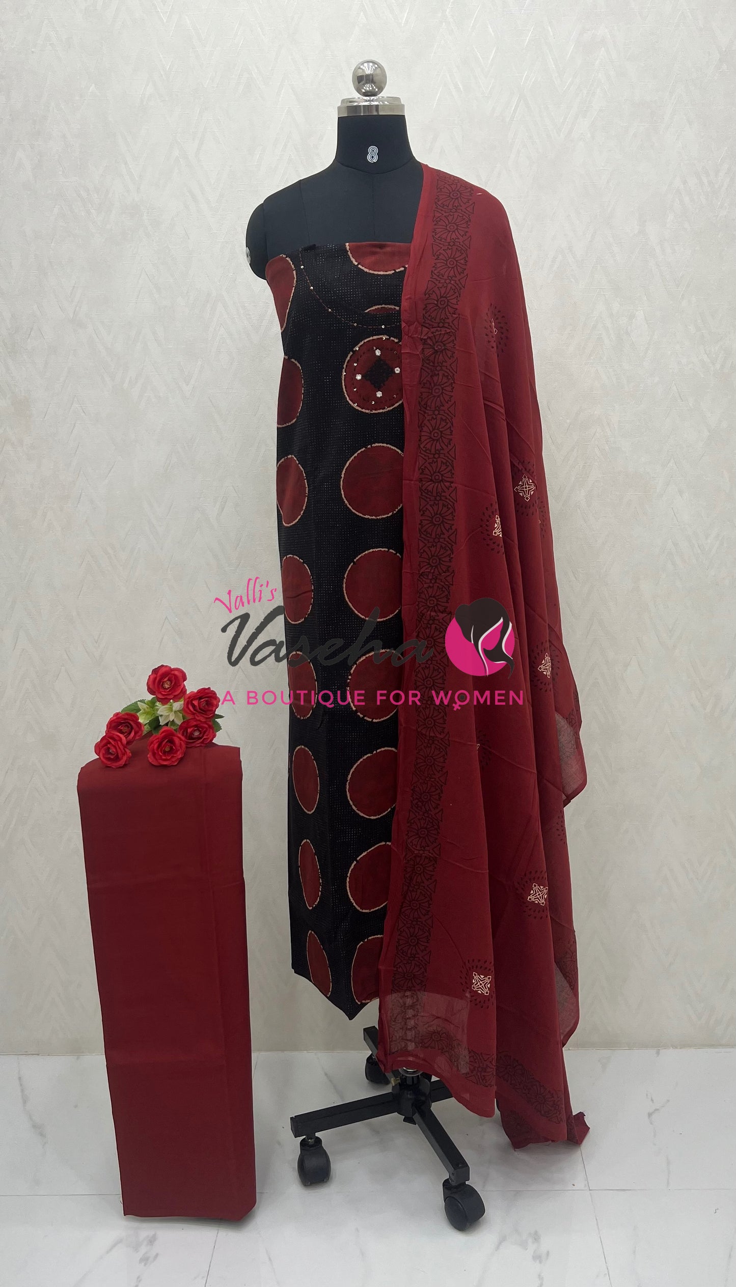Unstitched Soft Cotton Material | Black With Maroon | VVUSM044