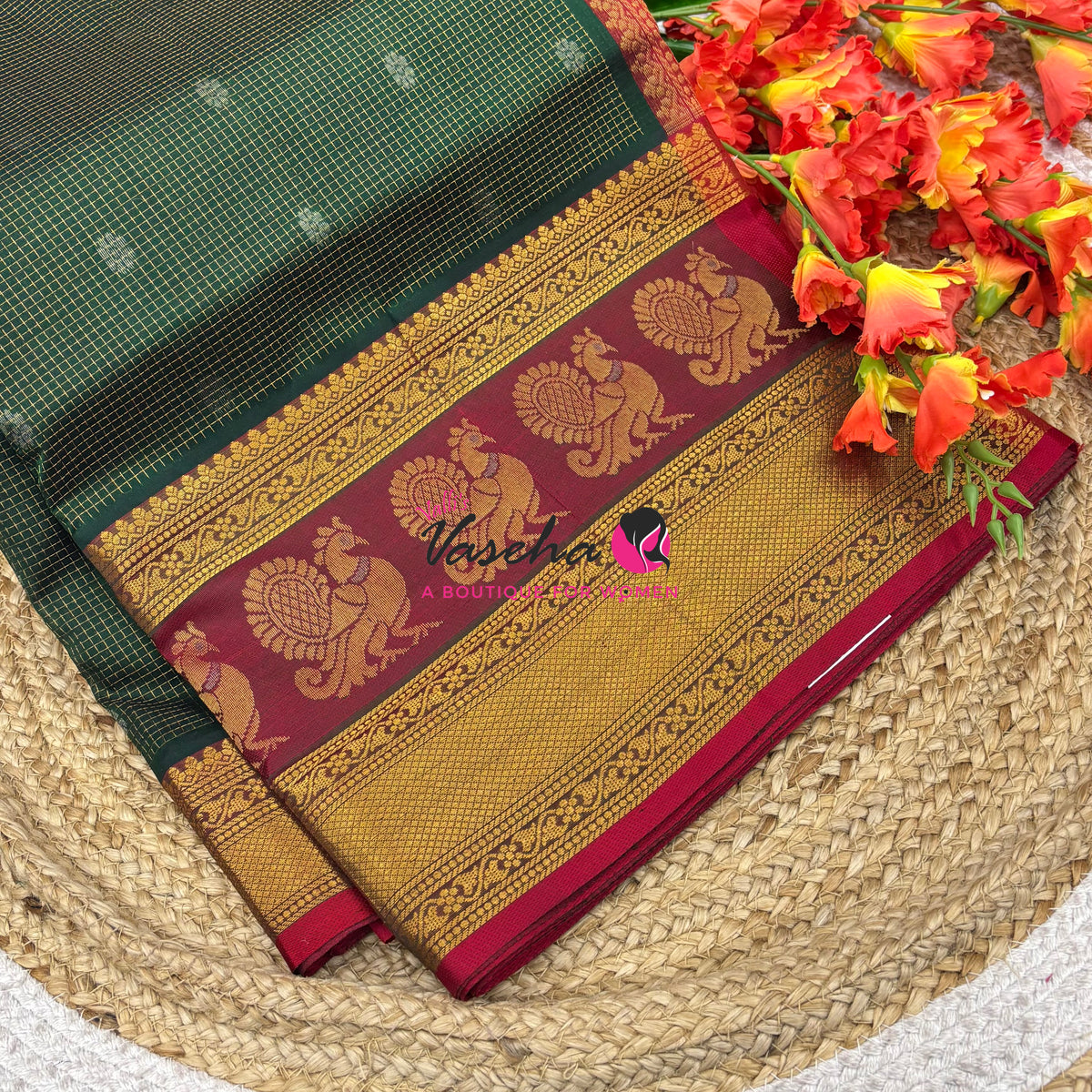 Pure Korvai Silk Cotton - Checks Pattern - Green With Red Shade  - VVKSC034