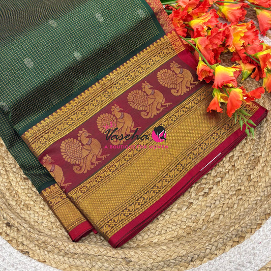 Pure Korvai Silk Cotton - Checks Pattern - Green With Red Shade  - VVKSC034