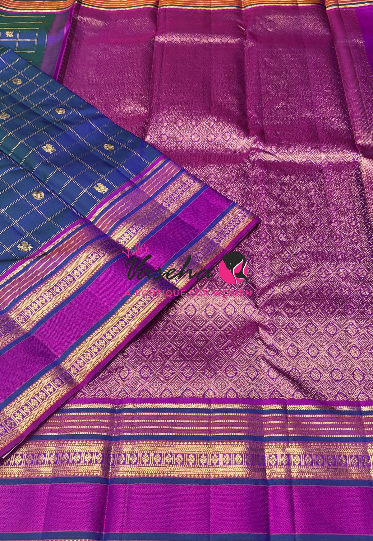 Pure Korvai Kanchipuram Silk Saree - Peacock Blue & Purplish Pink Combo - VVPS022