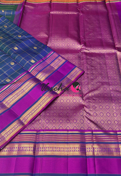 Pure Korvai Kanchipuram Silk Saree - Peacock Blue & Purplish Pink Combo - VVPS022