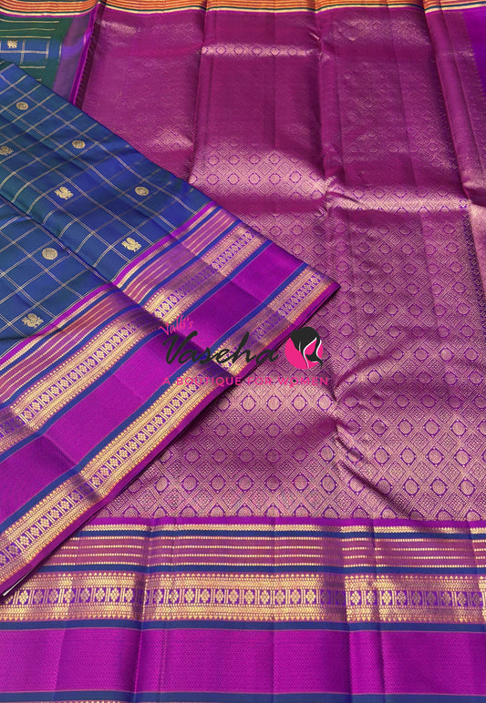Pure Korvai Kanchipuram Silk Saree - Peacock Blue & Purplish Pink Combo - VVPS022