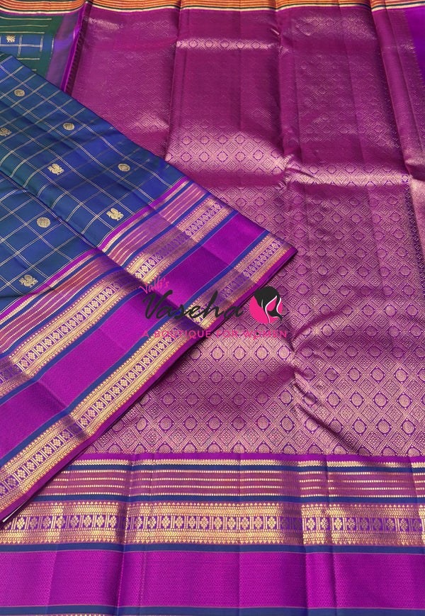 Pure Korvai Kanchipuram Silk Saree - Peacock Blue & Purplish Pink Combo - VVPS022