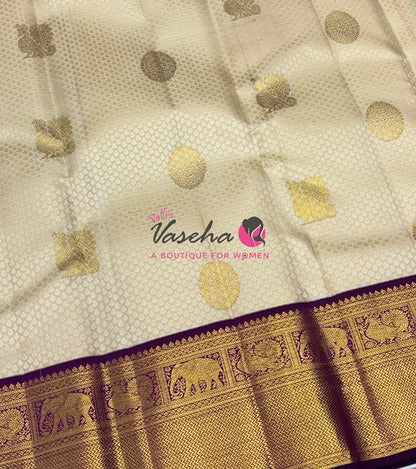 Pure Vintage Korvai Kanchipuram Silk Saree - Cream & Purple Combo - VVPS038