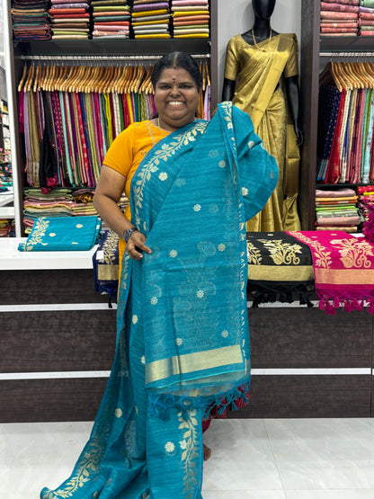 Linen Mixed Jute Silk Saree - Ramar Blue Shade - VVLMJ001