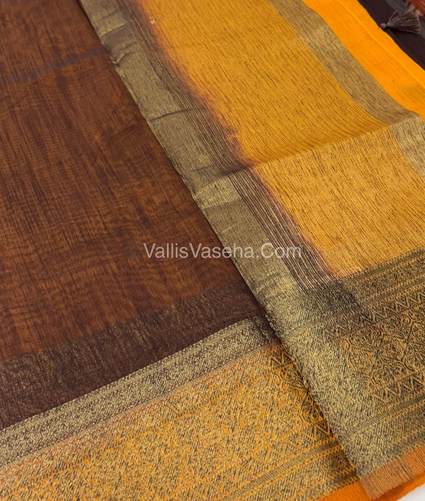 Bamboo Silk Saree - Brown With Mustard Yellow Shade - VVBSS006
