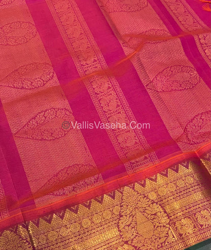 Pure Korvai Silk Cotton Saree - Cream with Pink - VVKSC019