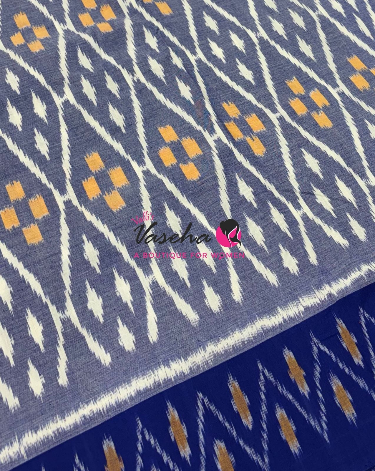 Double Ikkat Pure Cotton Saree -  Blue With Red  - VVIKS002