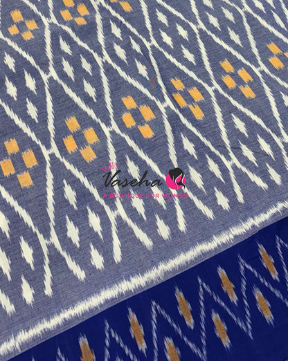 Double Ikkat Pure Cotton Saree -  Blue With Red  - VVIKS002