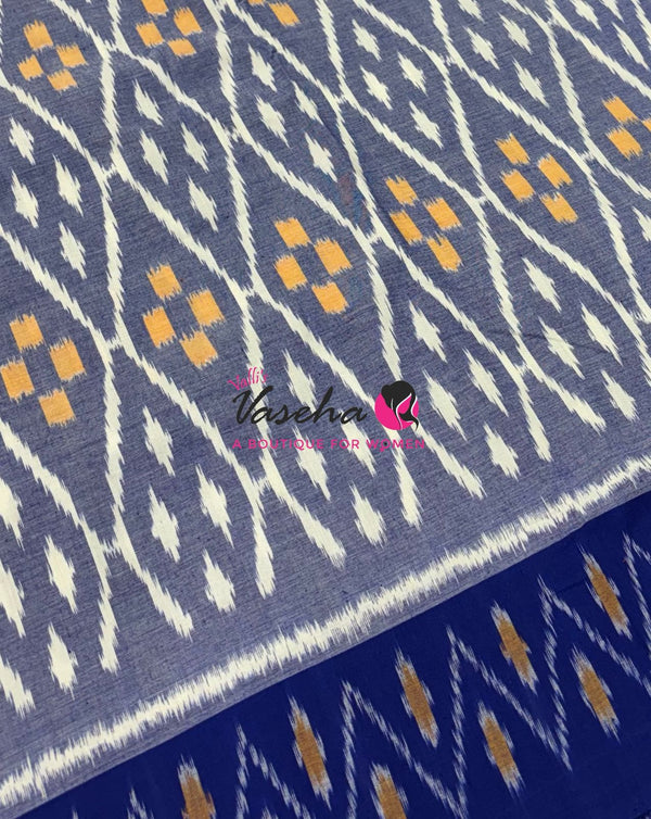Double Ikkat Pure Cotton Saree -  Blue With Red  - VVIKS002
