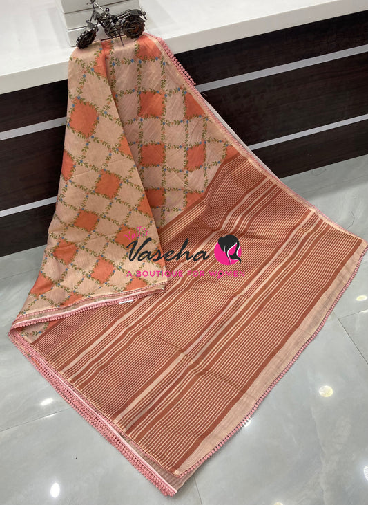 Linen Tissue Saree -  Light & Dark Combo - peach Shade- VVLTS006