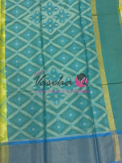Banarasi Pochampally Weaving Semi Soft Cotton Saree - Yellow with Blue  - VVBPS001