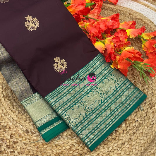 Semi Kanchi Silk  - Brown  & Ramar Green  - VVSKS007