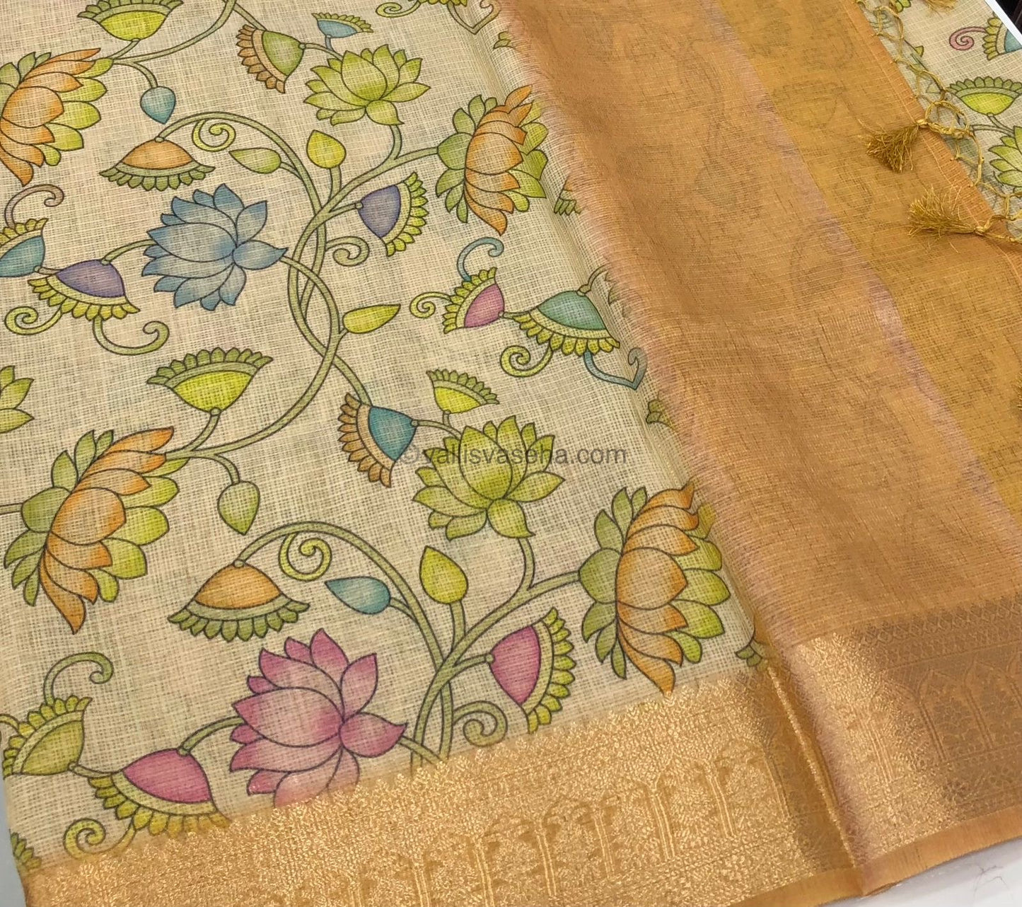 Semi Zari Kota Tissue - Kalamkari design - Mustard Yellow Shade - VVKT001