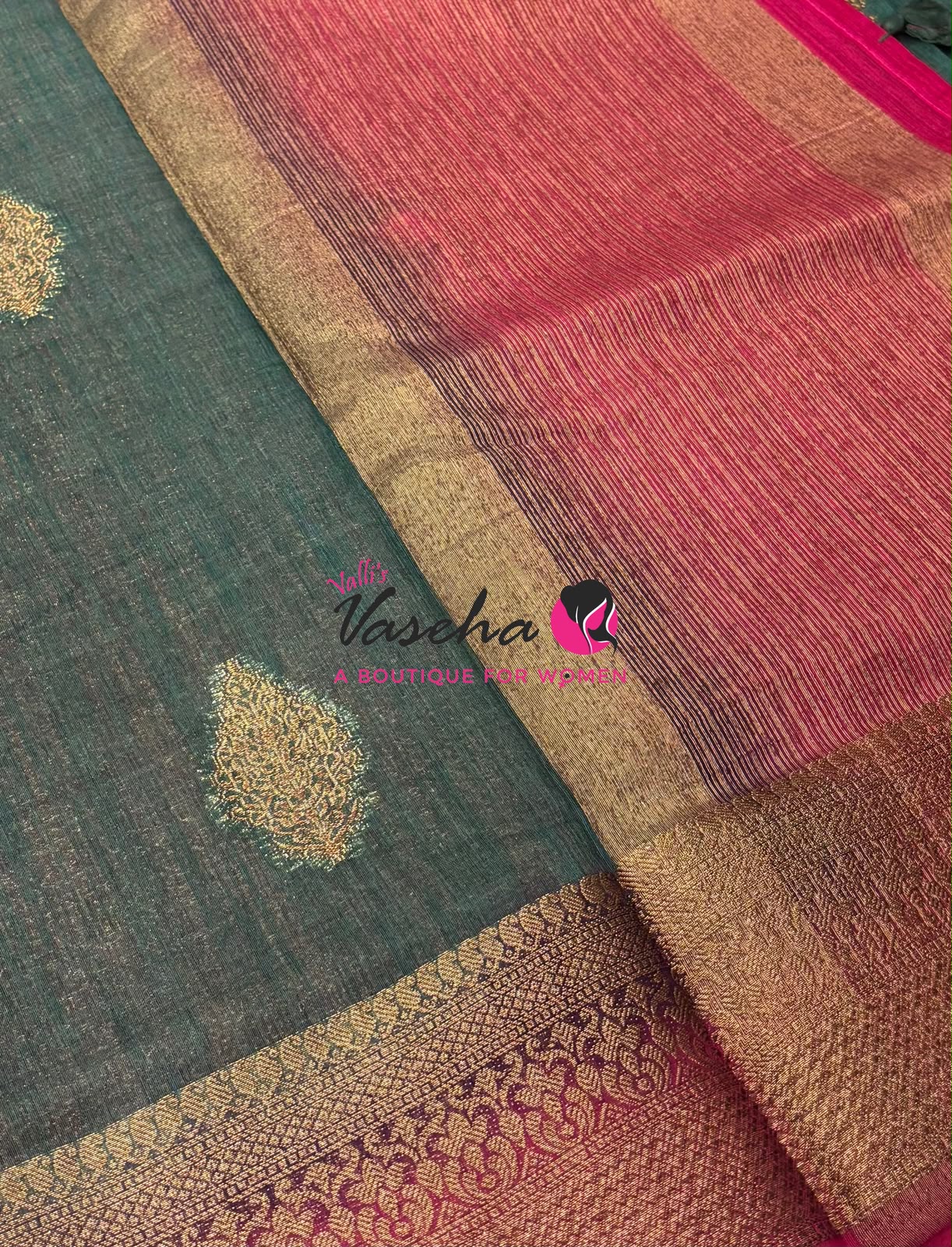 Bamboo Silk Saree - Greyish Olive Green with Pink Shade - VVBSS018