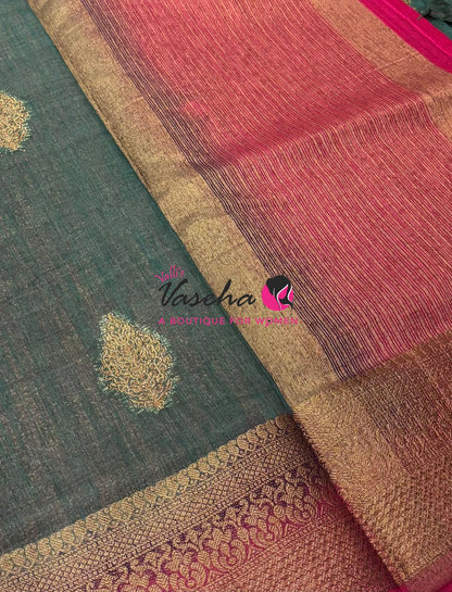 Bamboo Silk Saree - Greyish Olive Green with Pink Shade - VVBSS018
