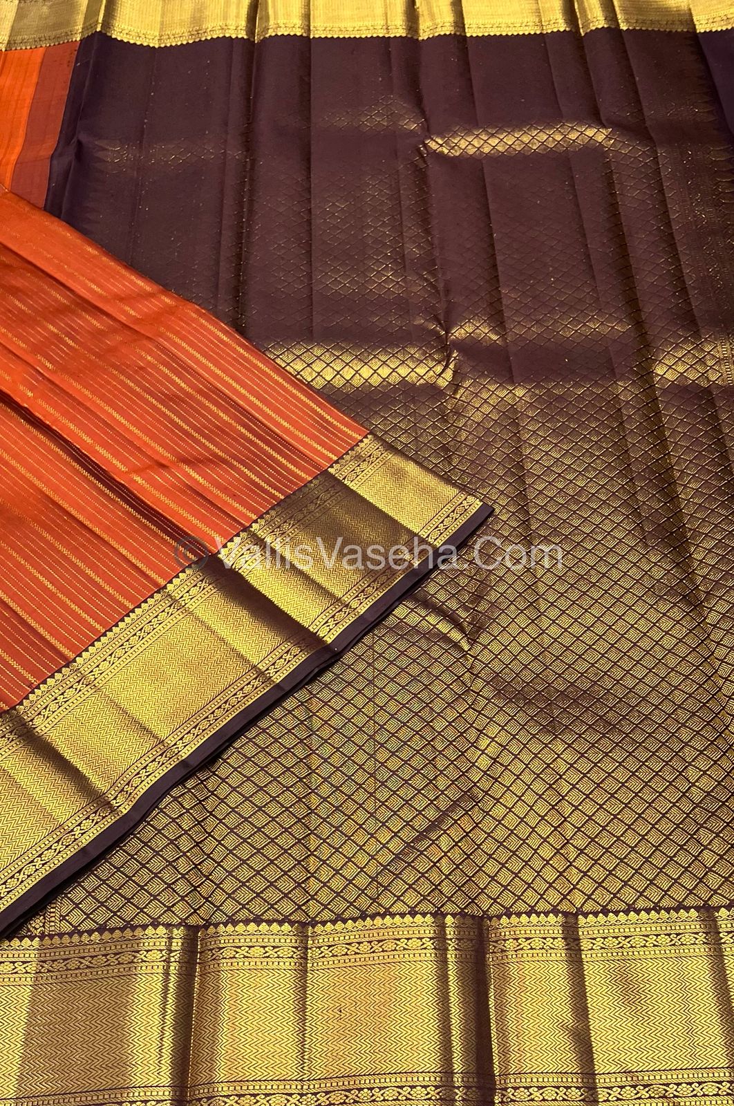 Pure Kanchipuram Silk Saree - Rust Orange & Wine Brown shade - VVPS021