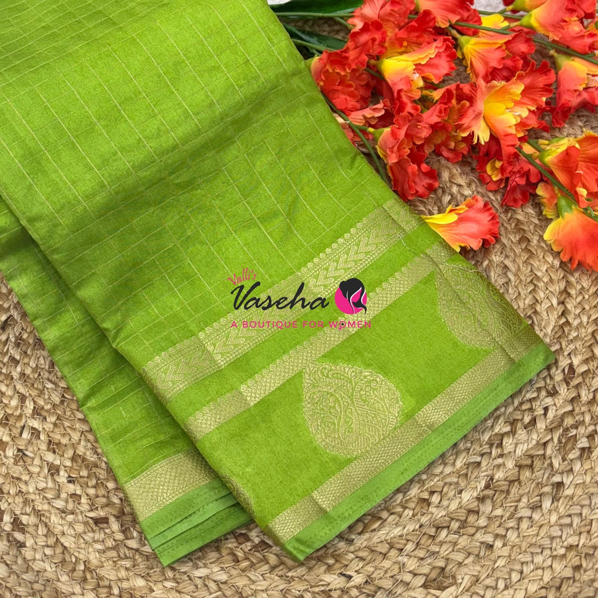 Semi Tussar Silk Saree | Parrot Green Shade |VVSTS061