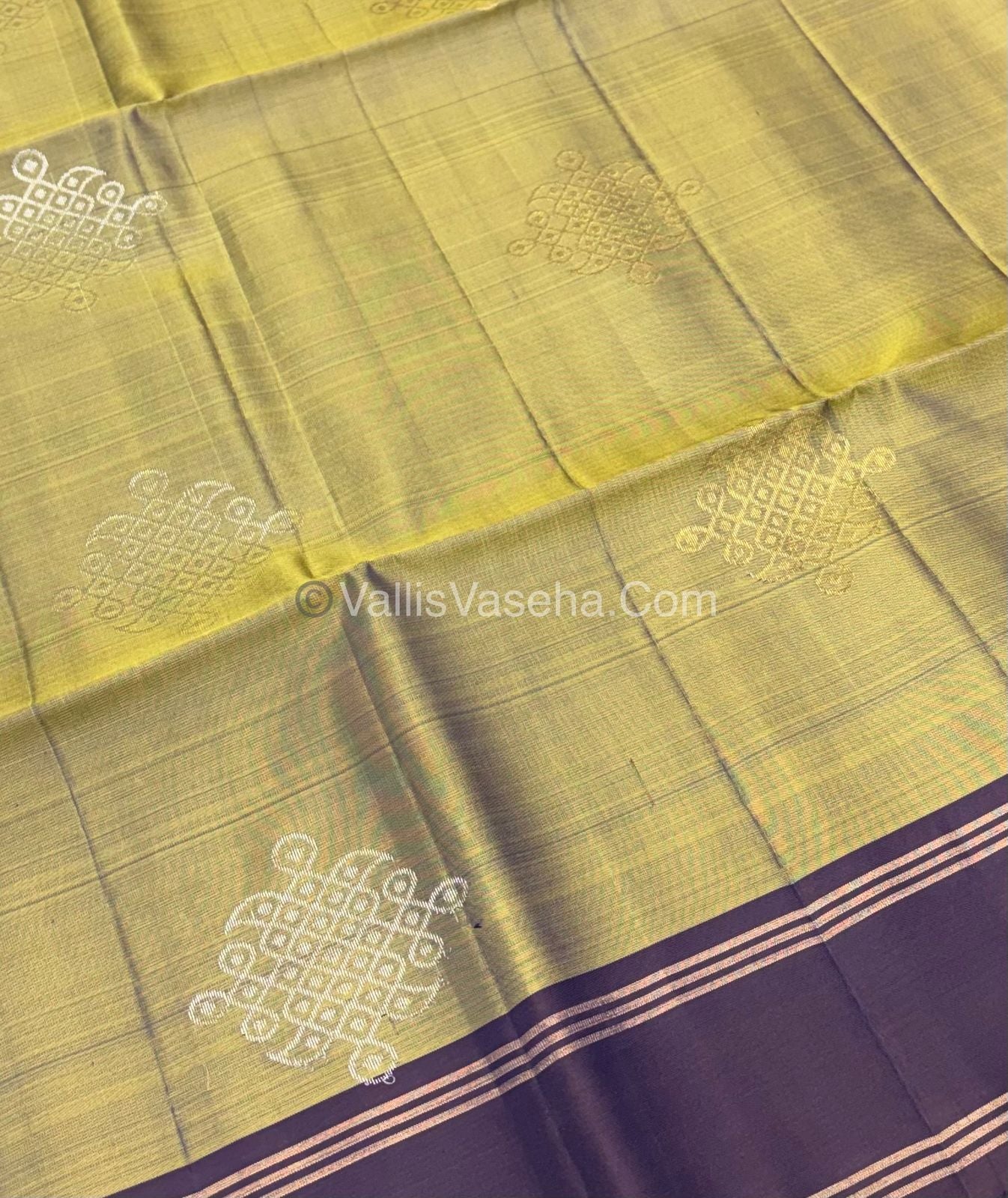 Pure Soft Silk Saree - Kolam Design - Olive Green & Purple Shade - VVPSS074