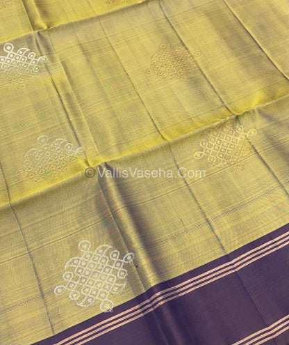 Pure Soft Silk Saree - Kolam Design - Olive Green & Purple Shade - VVPSS074