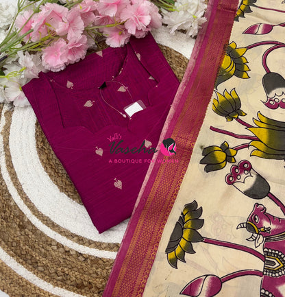 Ready Made - Semi Raw Silk Kurti with Chennur Silk Kalamkari Duppatta - 2pc Set - VVSRK002